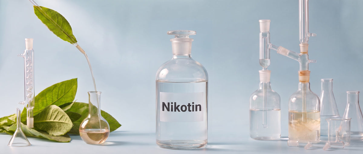 Nikotinherstellung Headerbild mit flüssigem Nikotin in Reagenzgläser